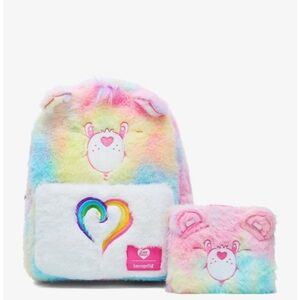 Care Bears Pastel Rainbow Fuzzy Mini Backpack & Wallet Set NEW